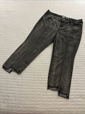 LOGO Petite Washed Black Cropped Irregular Raw-Hem Jeans w/Front Leg Seams.